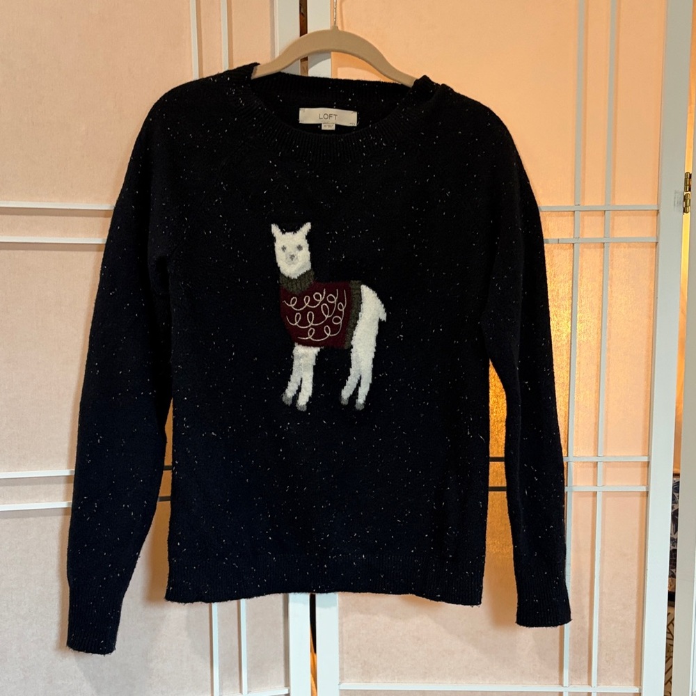 LOFT Black Sweater with White and Red Alpaca Design